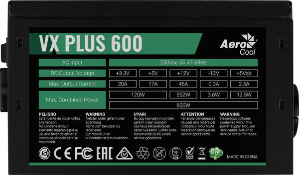 Nguồn Aerocool VX Plus 600W 230V N-PFC