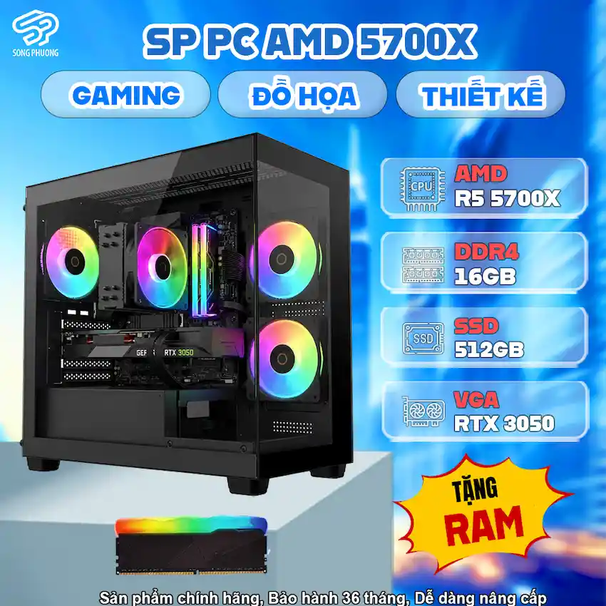 SP PC AMD 5700X (R7 5700X/ B550/ Ram 16GB/ RTX 3050 / SSD 512GB/ 600W/ DOS)