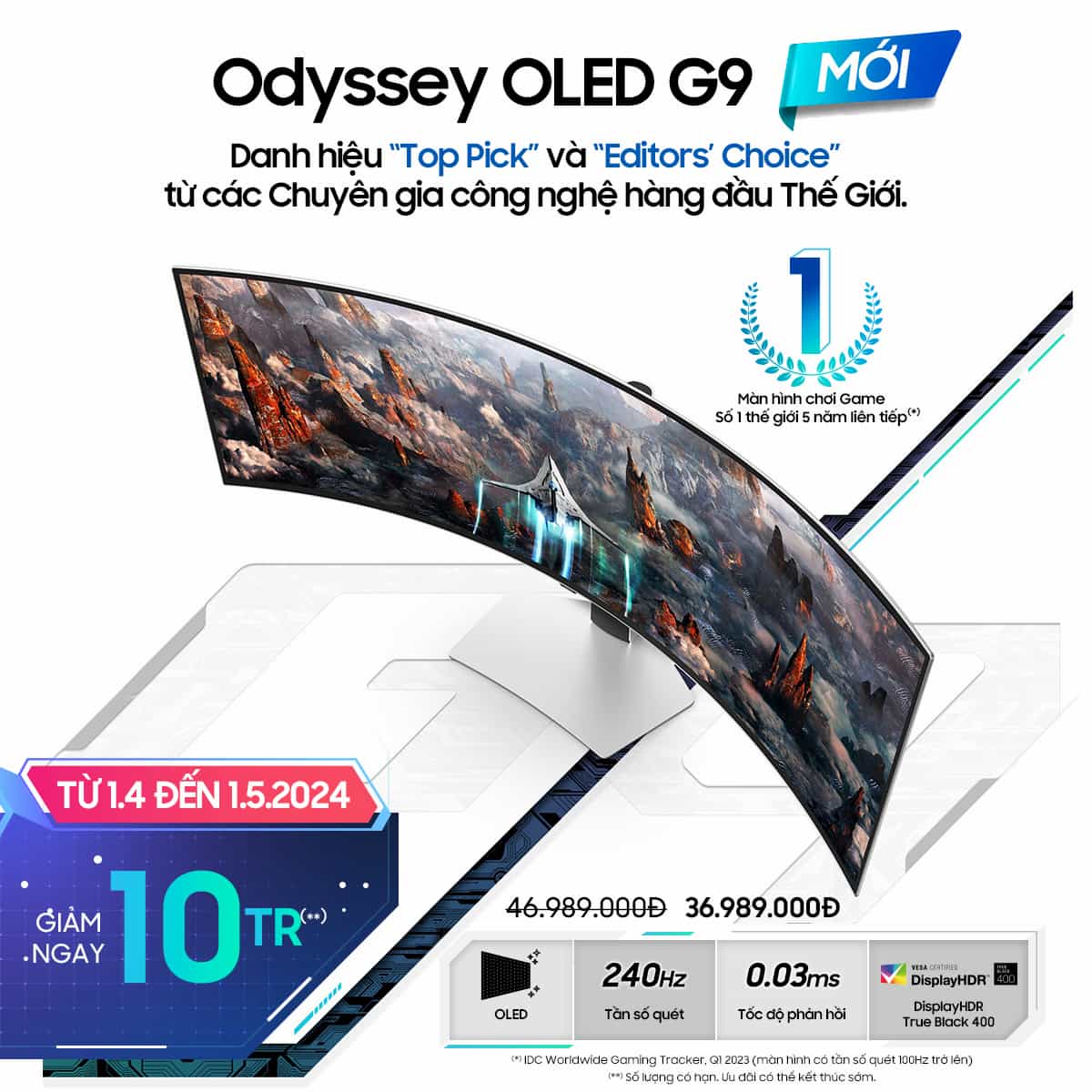 Màn Hình Cong SamSung Odyssey NEO G9 LS49CG954SEXXV OLED DQHD 240Hz (49 inch, 5120×1440, 240Hz, OLED, 1800R, 0.03ms)
