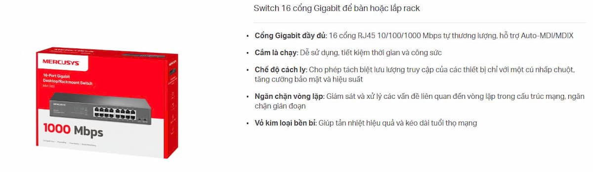 Switch Mercusys MS116GS 16 Port Gigabit