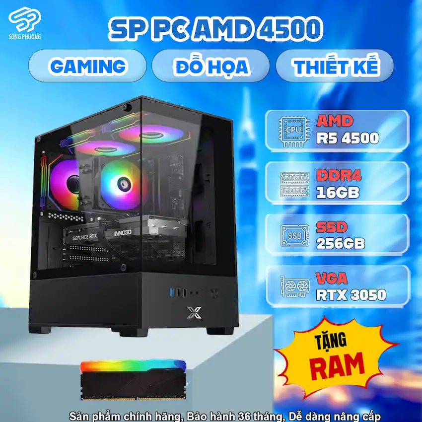 SP PC AMD 4500 RTX 3050 (R5 4500/ A520/ Ram 16GB/ RTX 3050 6GB/ SSD 256GB/ 500W/ DOS)