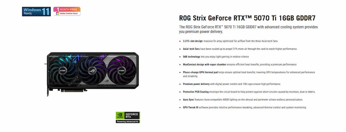 VGA ASUS ROG Strix RTX 5070 Ti 16GB GDDR7