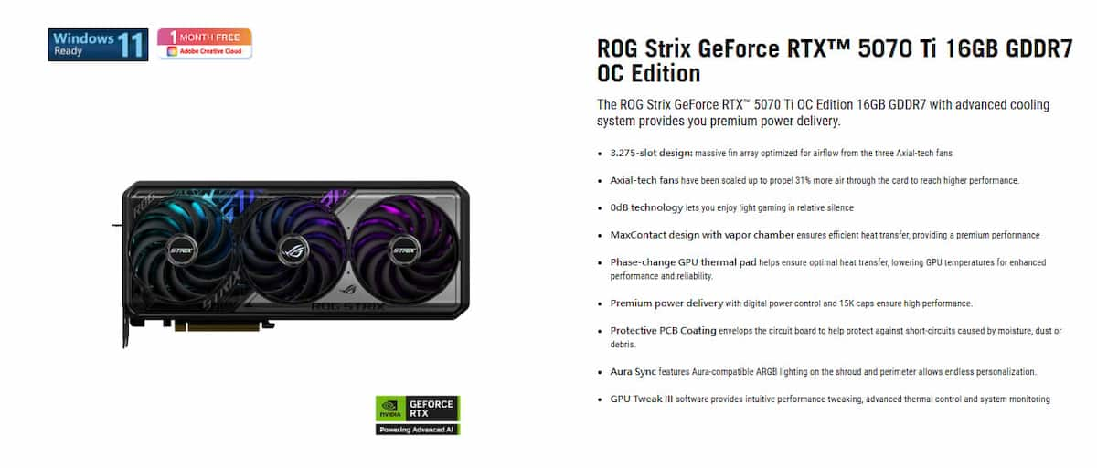 VGA ASUS ROG Strix RTX 5070 Ti O16GB GDDR7 