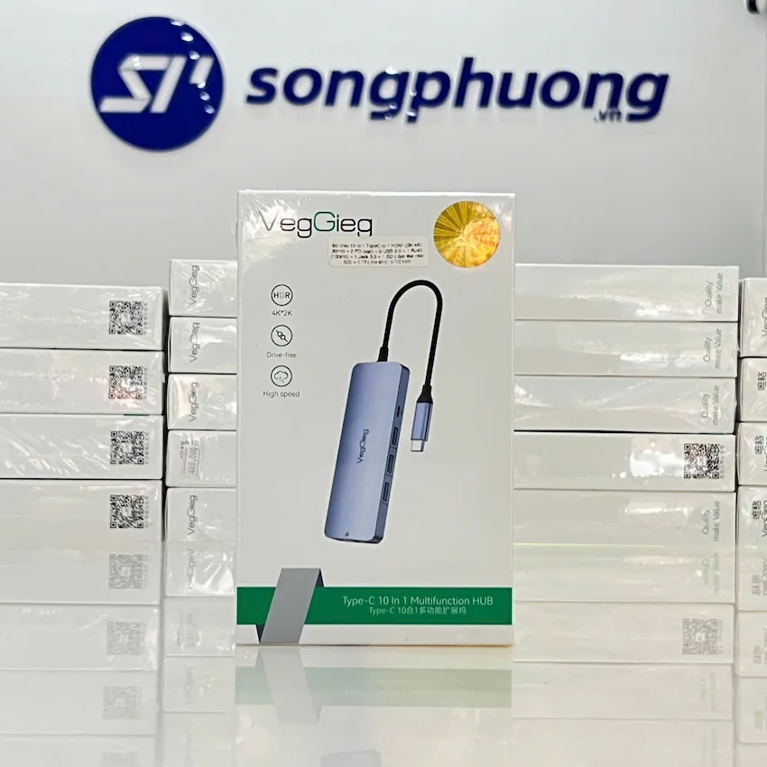 Hub chuyển đổi TypeC 10in1 VegGieg V-TC10R (1 HDMI (2K-4K/30Hz) + 2 PD (sạc) + 3 USB 3.0 + 1 RJ45 (100mb) + 1 Jack 3.5 + 1 SD ( đọc thẻ nhớ SD) + 1 TF( thẻ lớn))