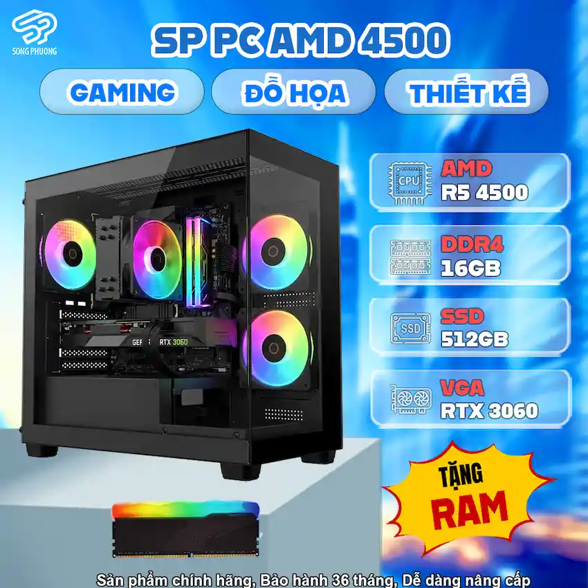 SP PC AMD 4500 RTX 3060 (R5 4500/ A520/ Ram 16GB/ RTX 3060/ SSD 512GB/ 650W/ DOS)