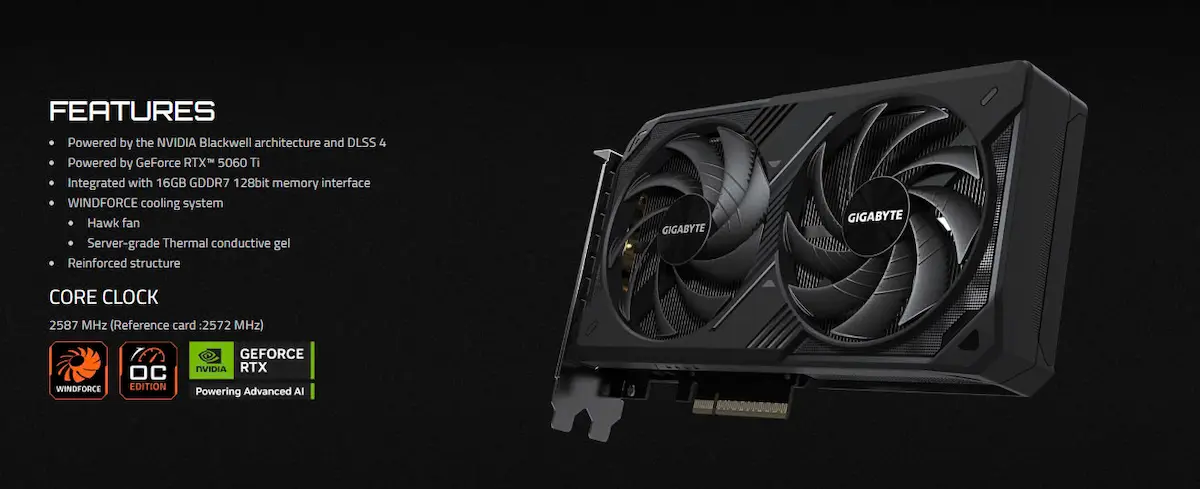 VGA Gigabyte RTX 5060 Ti WINDFORCE OC 16G