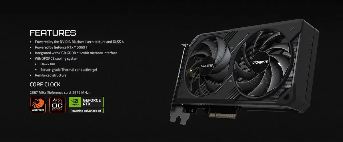 VGA Gigabyte RTX 5060 Ti WINDFORCE OC 8G