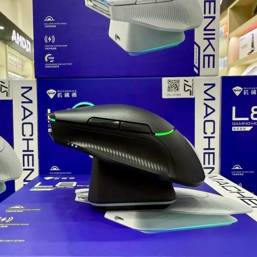 Chuột Machenike L8 Pro Tri-Mode (White/Black, Wireless, 26000 DPI, RGB, Kèm Dock Sạc)