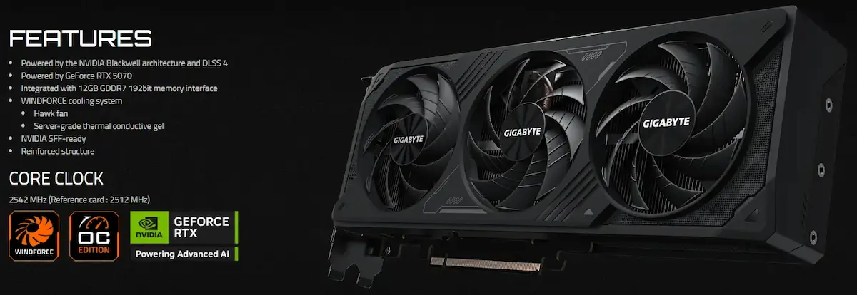 VGA Gigabyte RTX 5070 WINDFORCE OC SFF 12G GDDR7