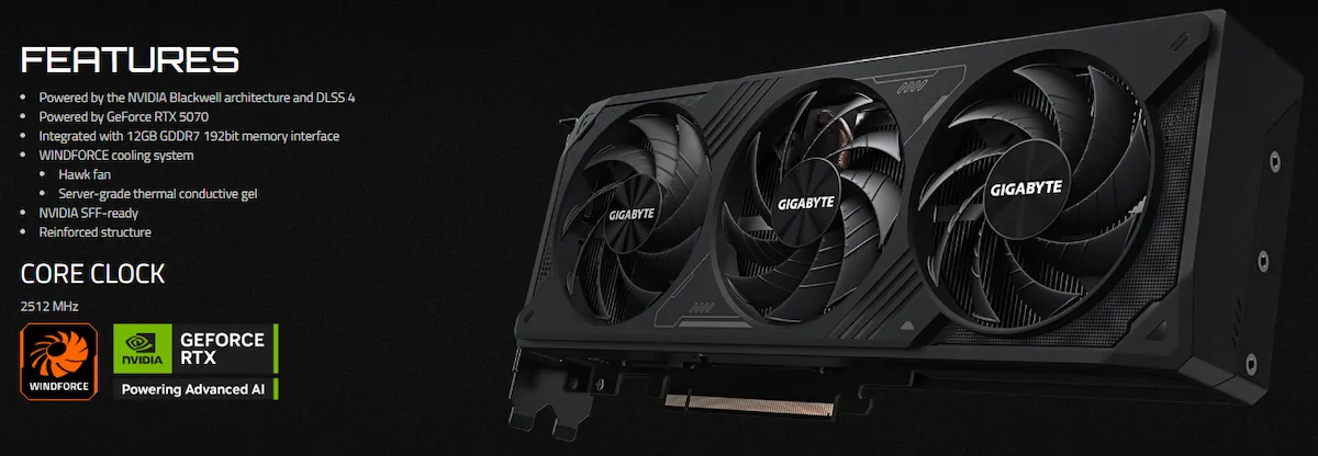 VGA Gigabyte RTX 5070 WINDFORCE SFF 12G GDDR7 VGA Gigabyte RTX 5070 WINDFORCE SFF 12G GDDR7