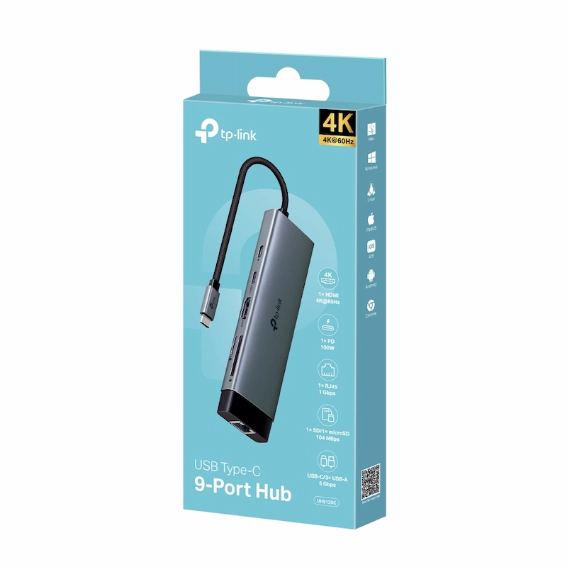 Hub Chuyển Đổi USB Type-C 9in1 TP-Link UH9120C (1 HDMI 4K@60Hz, Ethernet 1 Gbps, SD & microSD UHS-I, sạc nhanh 100W, 1 cổng dữ liệu USB-C, 3 cổng dữ liệu USB-A)