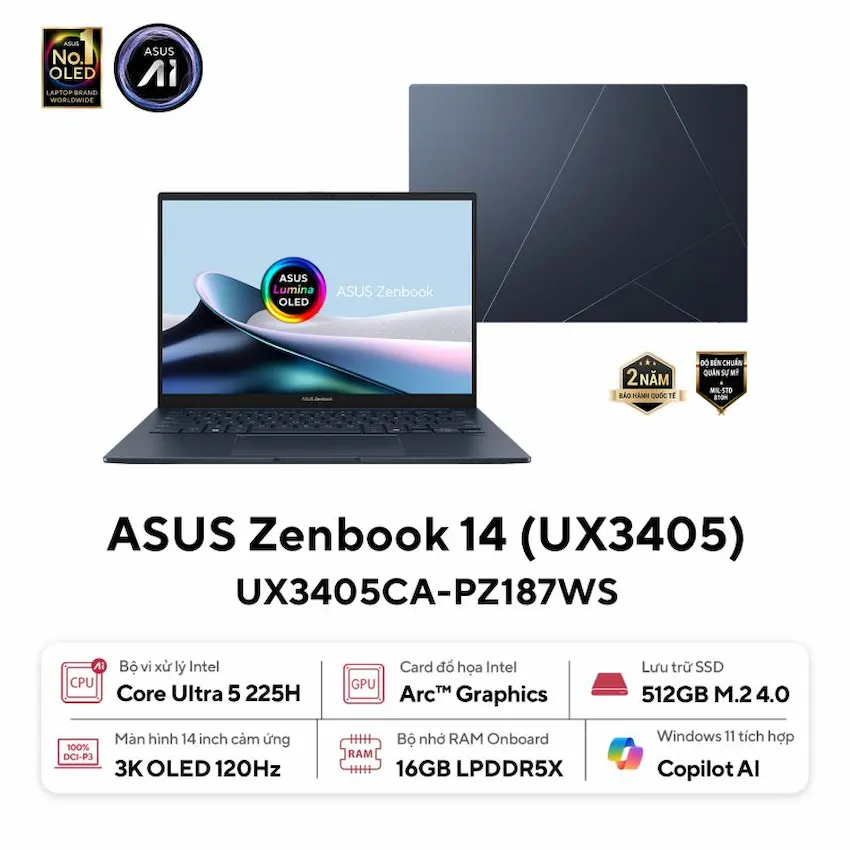 Laptop Asus Zenbook 14 UX3405CA-PZ187WS (U5-225H, 16GR5X, SSD 512GB PCIe,14.0 inch 3K OLED 120Hz Touch, Win 11, Office, Túi, Pen, Xanh)