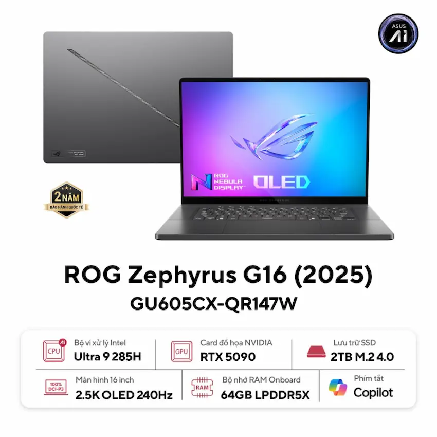 Laptop Asus ROG Zephyrus G16 GU605CX-QR147W (Core Ultra 9 285H, Ram 64GDR5X, SSD 2TB, 16.0 inch WQXGA 240Hz, WF7, BT5.4, 4C90WHrs, W11SL, RTX 5090 24GD7, RGB, 2Y, Túi, Xám)