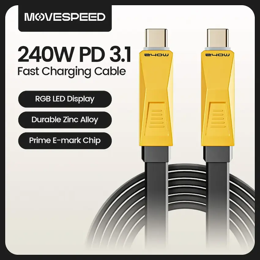 Cáp sạc nhanh Movespeed RGB Cyber CC02 (240W, 1M, Vàng/ Đen)