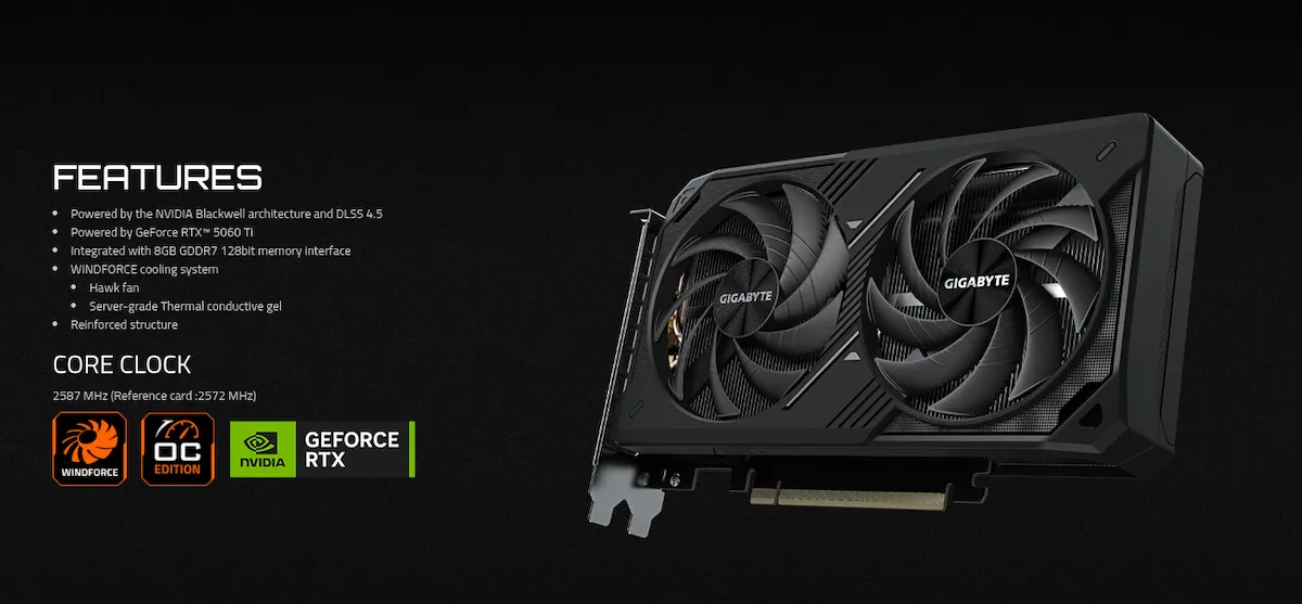 VGA Gigabyte RTX 5060 Ti WINDFORCE MAX OC 8G