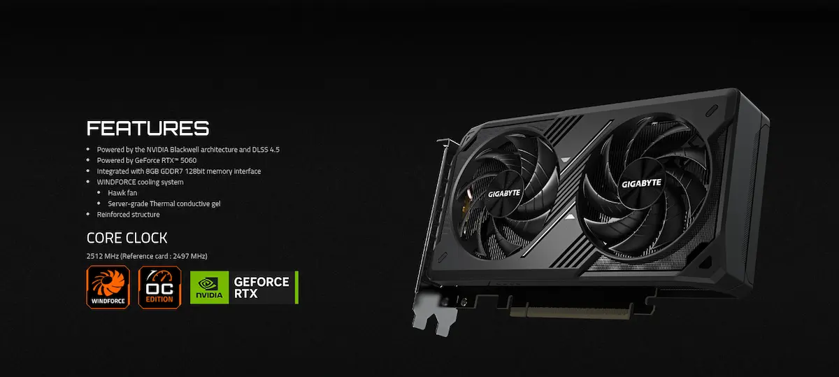 VGA Gigabyte RTX 5060 WINDFORCE MAX OC 8G VGA Gigabyte RTX 5060 WINDFORCE MAX OC 8G