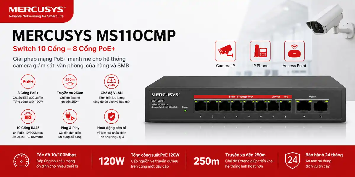 Switch Mercusys MS110CMP (Switch 10 Cổng, 8 Cổng PoE+) Switch Mercusys MS110CMP