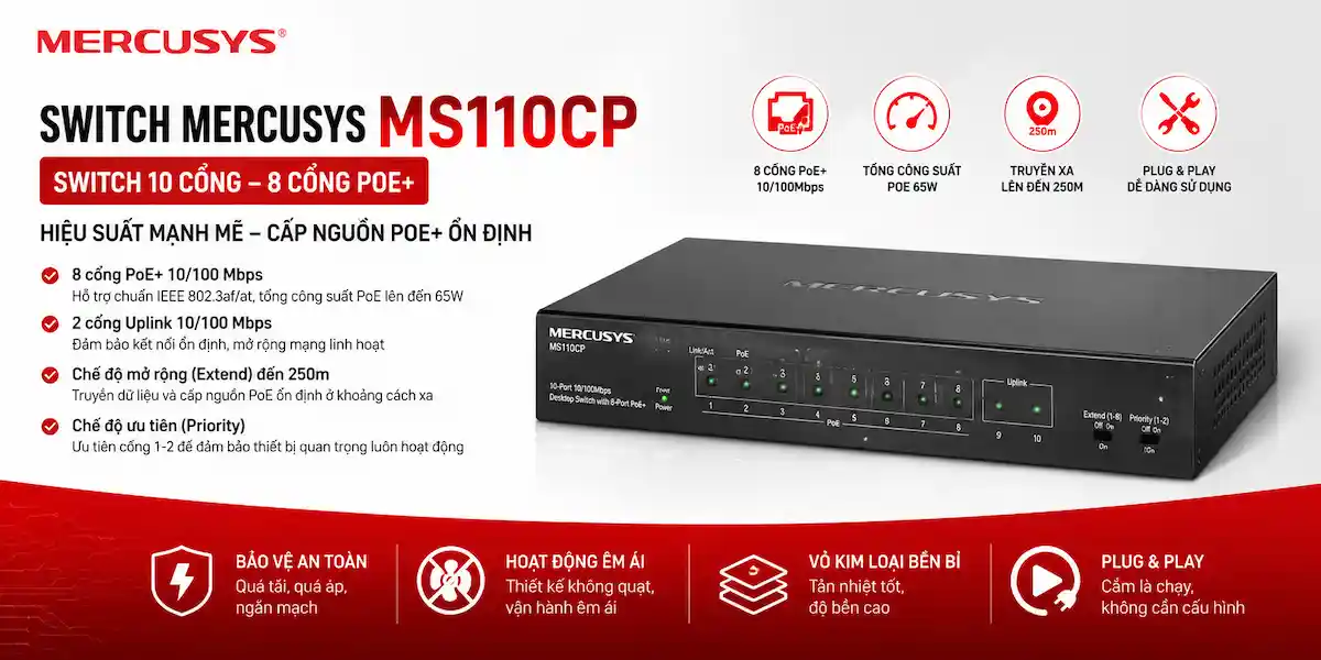 Switch Mercusys MS110CP (Switch 10 Cổng, 8 Cổng PoE+) Switch Mercusys MS110CP
