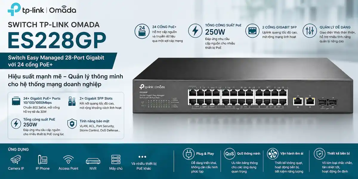 Switch TP-Link Omada ES228GP (28 cổng Gigabit - 24 cổng PoE+) Switch TP-Link Omada ES228GP