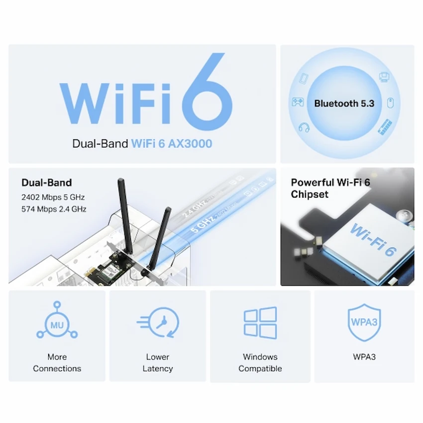 Card mạng wifi Mercusys MA80XE (PCIe, AX3000 WiFi 6, Bluetooth 5.3)