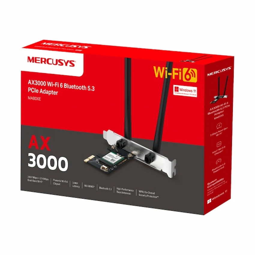 Card mạng wifi Mercusys MA80XE (PCIe, AX3000 WiFi 6, Bluetooth 5.3)