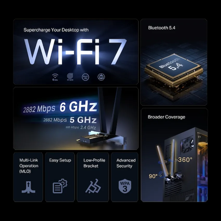 Card mạng wifi TP-Link Archer TBE400E (PCIe, WiFi 7 BE6500, Bluetooth 5.4)