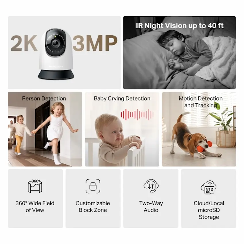 Camera Wifi Mercusys MC210 2K 3MP (Quay Quét 360°, Đàm thoại hai chiều, Tầm nhìn ban đêm)
