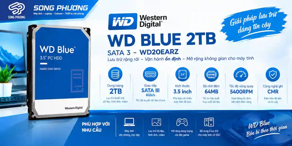 Ổ cứng HDD WD Blue 2TB SATA 3 – WD20EARZ Ổ cứng HDD WD Blue 2TB SATA 3