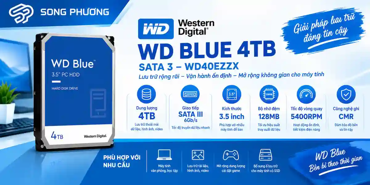 Ổ cứng HDD WD Blue 4TB SATA 3 – WD40EZZX Ổ cứng HDD WD Blue 4TB SATA 3