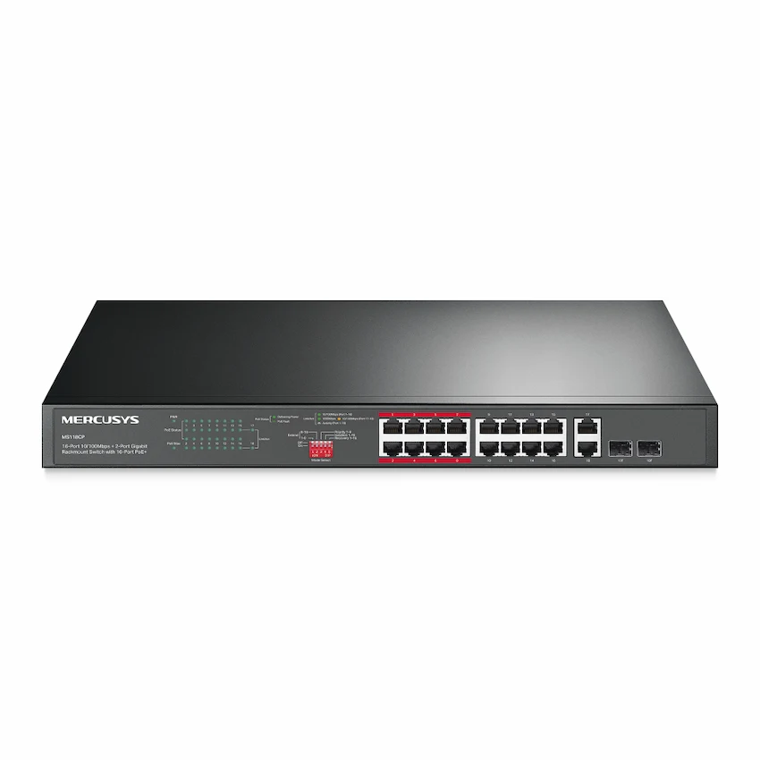 Switch Mercusys MS118CP (16 cổng PoE+ 10/100 Mbps RJ45, 2 cổng RJ45 Gigabit và 2 khe cắm SFP Gigabit combo)