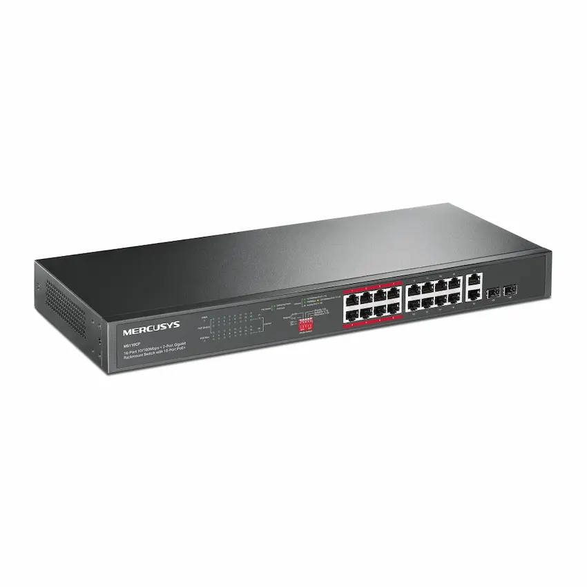 Switch Mercusys MS118CP (16 cổng PoE+ 10/100 Mbps RJ45, 2 cổng RJ45 Gigabit và 2 khe cắm SFP Gigabit combo)
