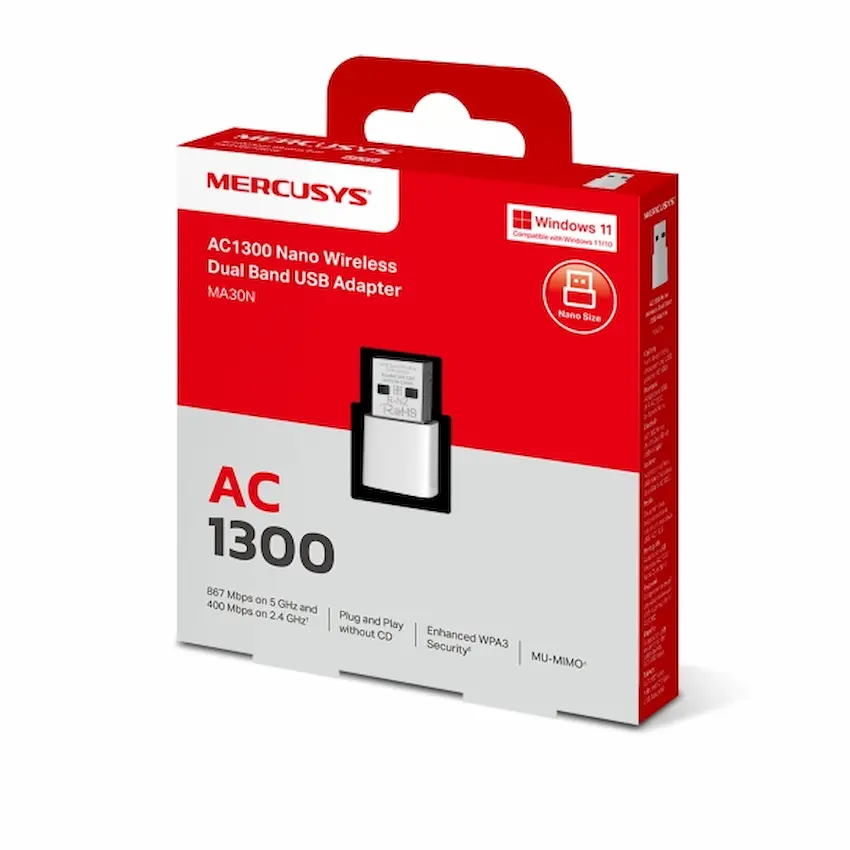 USB WiFi Nano Mercusys MA30N – Băng Tần Kép Nano AC1300